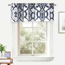 DriftAway Evelyn Ikat Fleur Floral Pattern Rod Pocket Window Curtain Valance for Kitchen Living Room 52 Inch by 18 Inch Navy Blue