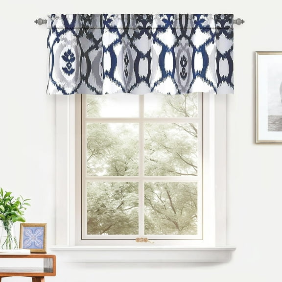 DriftAway Evelyn Ikat Fleur Floral Pattern Rod Pocket Window Curtain Valance for Kitchen Living Room 52 Inch by 18 Inch Navy Blue