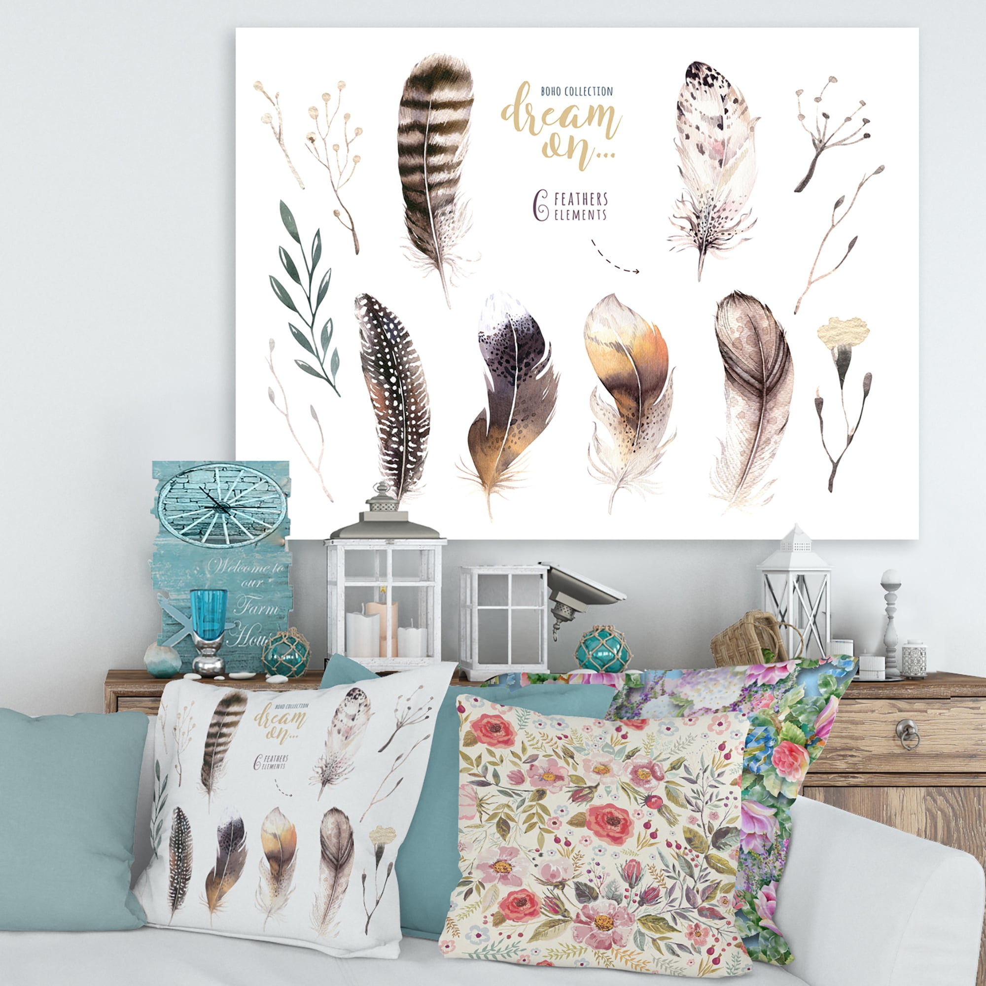 Designart ' VIbrant Orange Boho Feathers ' Bohemian & Eclectic Canvas Wall Art Print