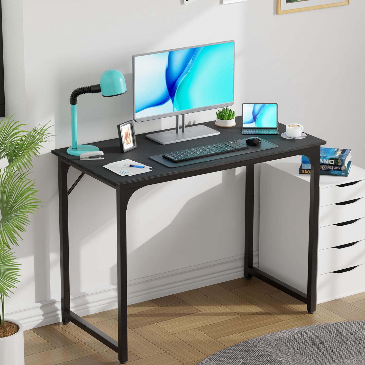 NiamVelo 39 In Computer Desk, Study Writing Table for Small Space, Save Space Office Desk with Metal Legs, Modern Steel Frame Wood PC Workstation for Home Office, Black
