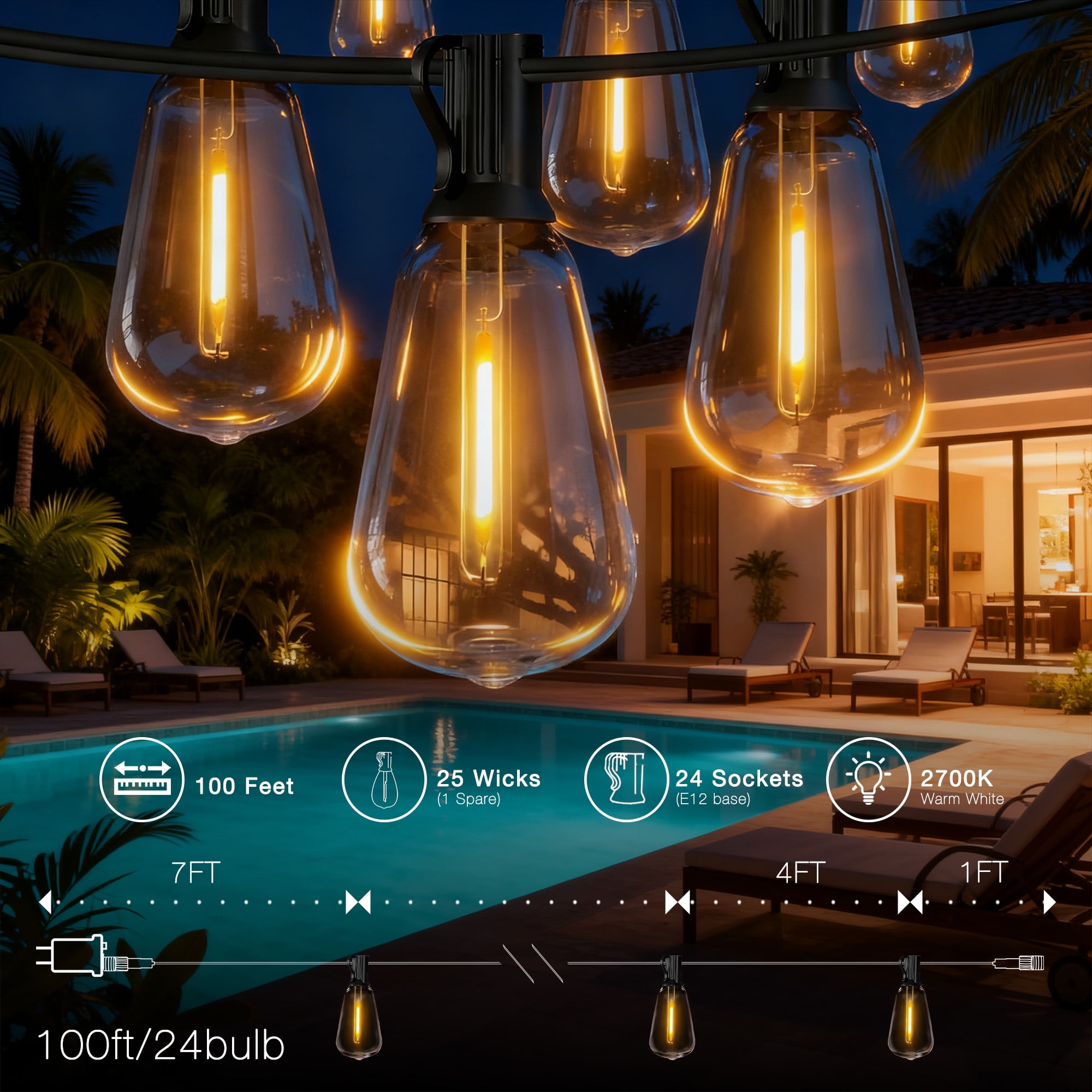 DAYBETTER 100FT Solar String Lights Outdoor, Waterproof Hanging Lights with 24 Shatterproof Bulbs, Dimmable, for Outside, Camping, Yard, Party Decor