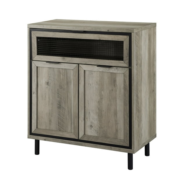 Walker Edison Mesh Metal Drop Down Door Wood Accent Cabinet Entryway Bar Storage Entry Table Living Dining Room, 30 Inch, Grey Wash