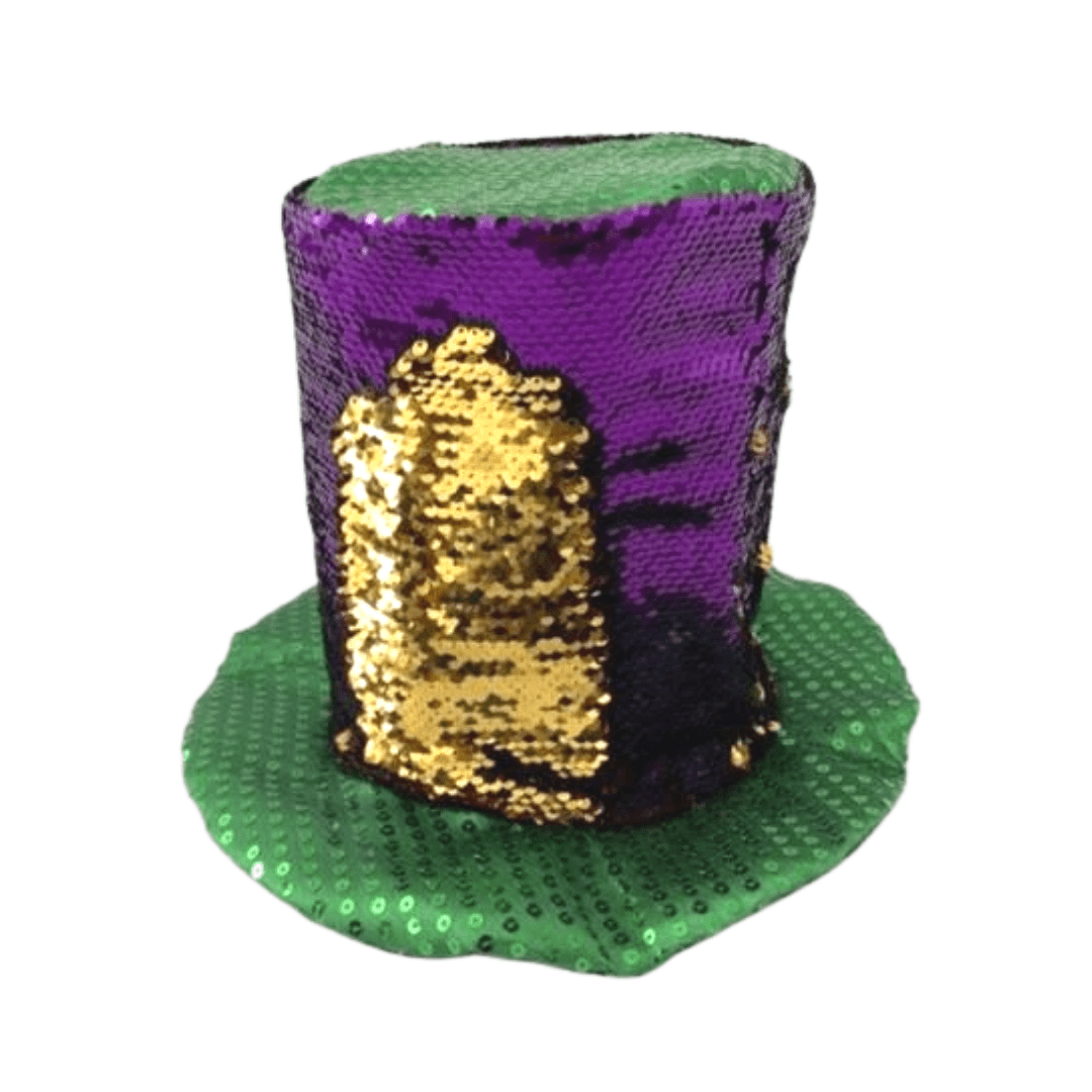 Mardi Gras Spot Purple, Green and Gold Sequin Top Hat (Each), Adult Unisex, Size: One Size