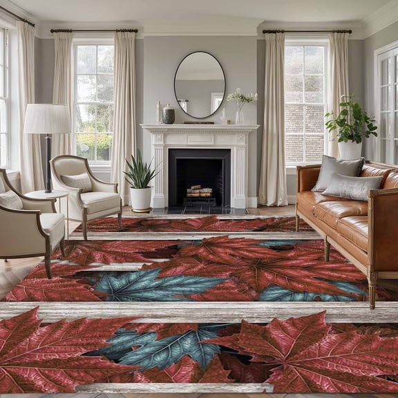 Rectangle Area Rugs 5 x 7 Ft, Red Teal Botanical Non-Slip Residential Carpet, Maple Leaf Vintage Wooden Indoor Crawling Mats Runner Rugs for Living Room/Dining Room/Bedroom