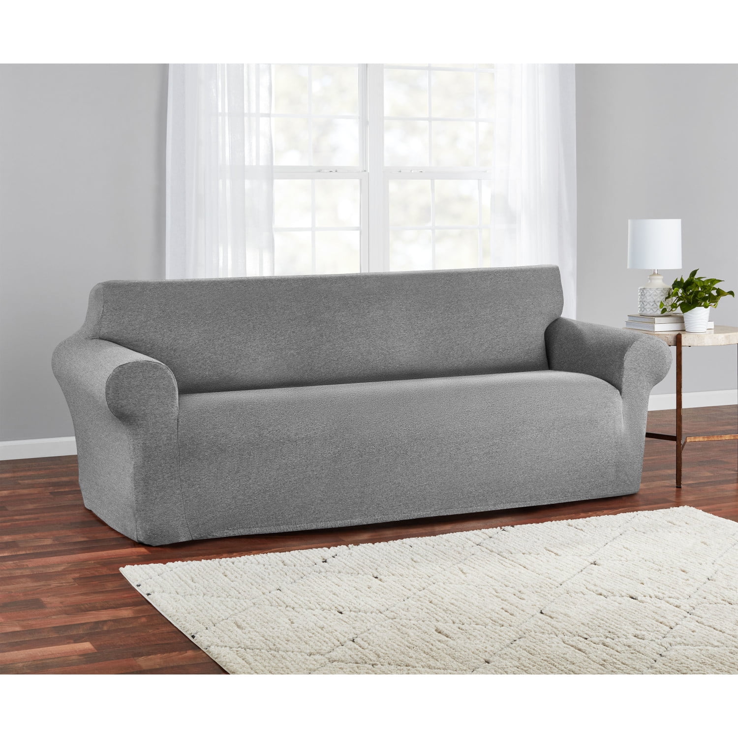 Mainstays Stretch-to-Fit Fabric Sofa Slipcover, 1-Piece, Charcoal Gray