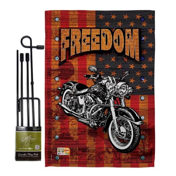Breeze Decor BD-PA-GS-111001-IP-BO-D-US13-BD 13 x 18.5 in. Americana Motorcycle Patriotic Vertical Double Sided Mini Garden Flag Set with Banner Pole