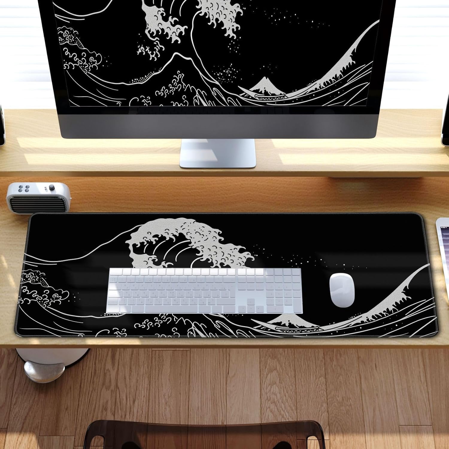 Japanese Sea Wave Gaming Mouse Pad Kanagawa Black Desk Mat Kawaii Mousepad Mouse Pad, Extra Large Deskmat Cut Laptop Mouse Pads Decor