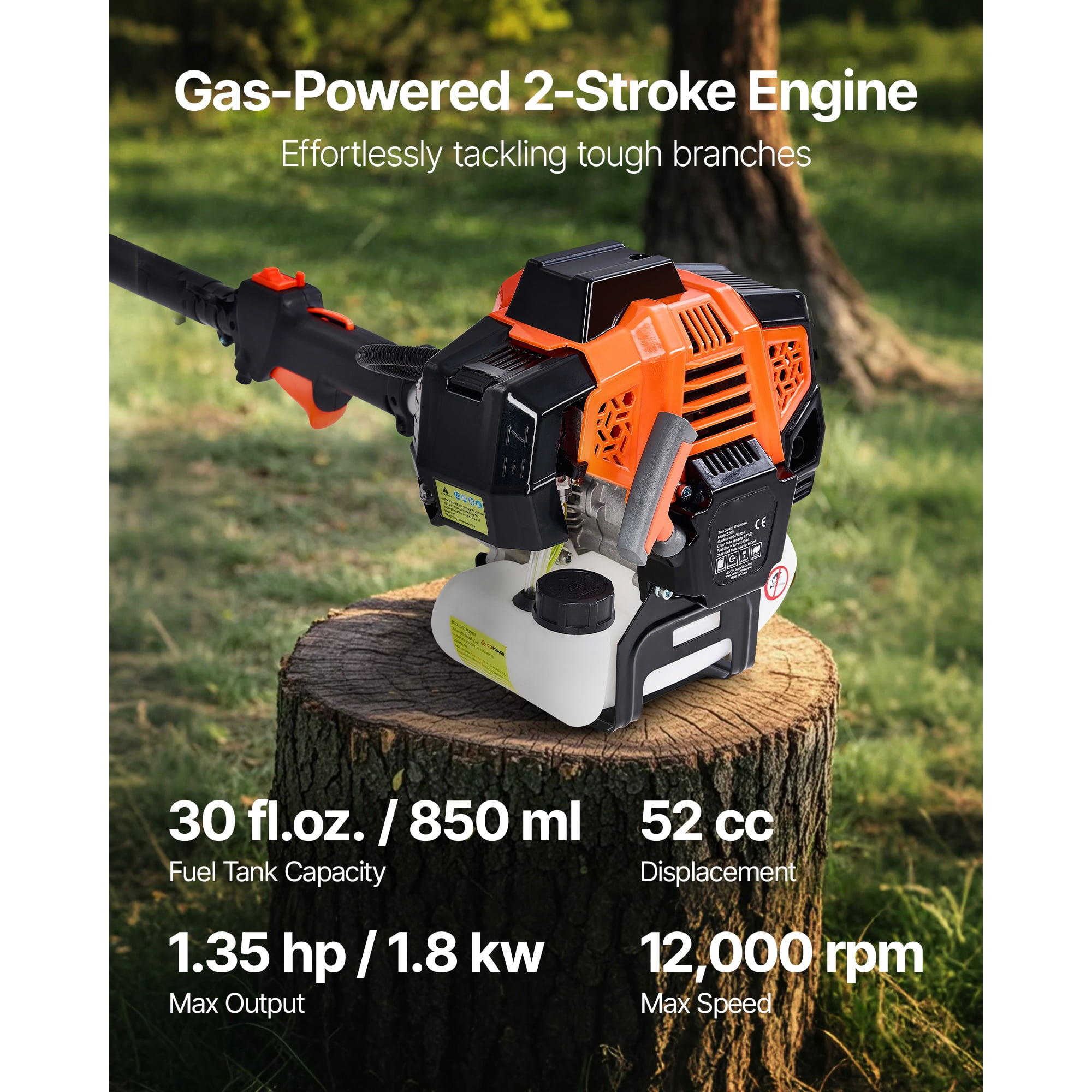 KFFKFF Gas-Powered Pole Saw, 52CC 2-Stroke Engine with 14-Inch Cutting Bar, Cordless Tree Trimmer Featuring 30 fl.oz Fuel Tank, Adjustable Length from 7.2 to 10 ft, Efficient Chainsaw