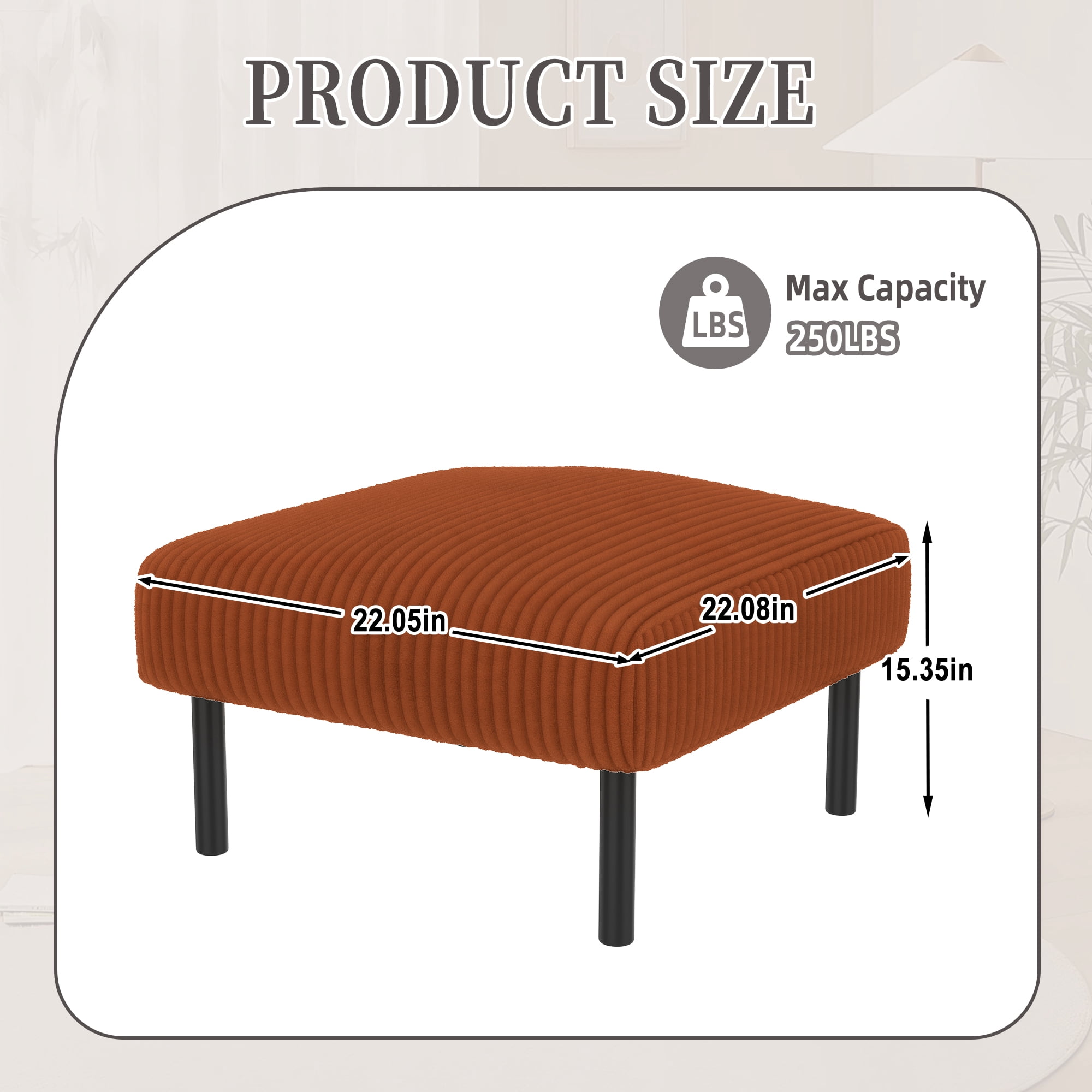 MOONMISS Corduroy Upholstered Mid-century Modern Square Wood Frame Ottoman with Soft Padded Seat-Orange
