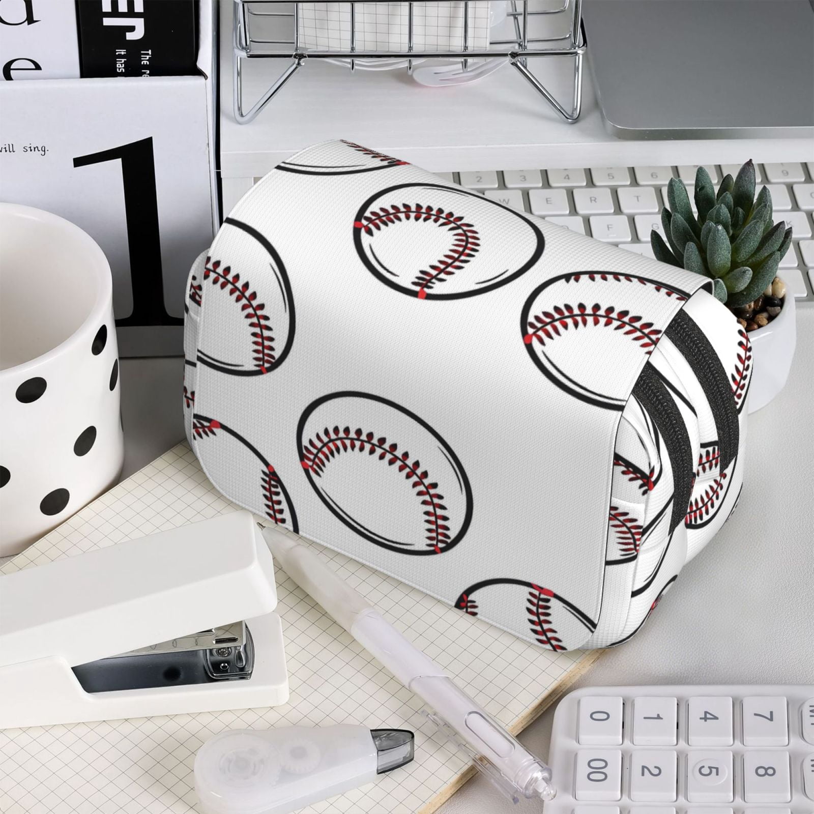 Large-Capacity Flip-Top Double-Layer Pencil Case, Multi-Functional Pocket Pen Case, Durable Stationery Organizer White Baseballs With Classic Red Stitching