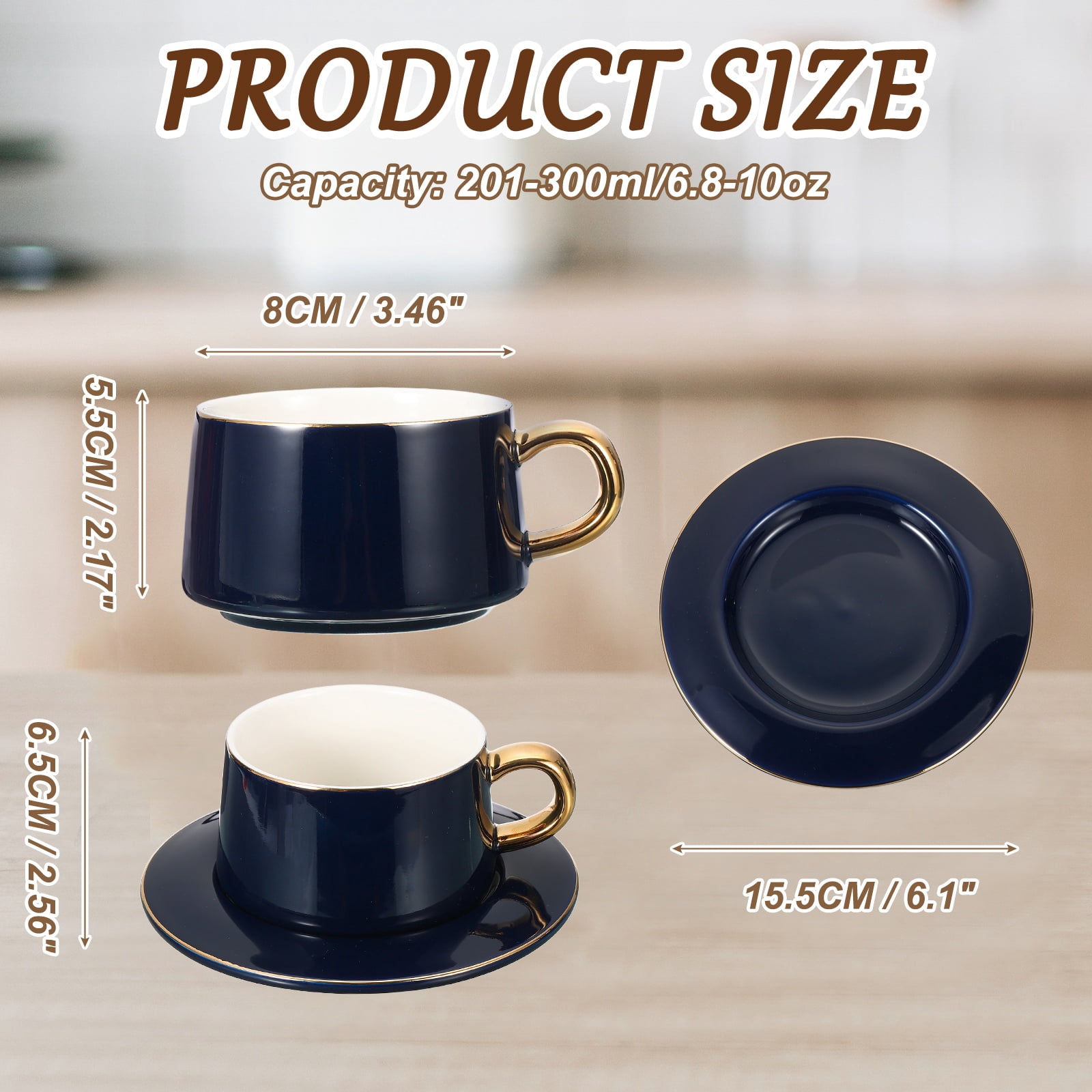 Uxcell 10oz Ceramic Coffee Mugs with Saucer Set, Creative Cute Cup with Handle Unique Irregular Design for Coffee Lovers Gift Tea Espresso Latte Kitchen Cafe Party Dishwasher, Navy Blue