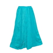 Mogul Bohemian Long Skirt Blue Embroidered Rayon Gypsy Elastic Waist Stylish Skirts