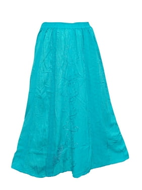 Mogul Bohemian Long Skirt Blue Embroidered Rayon Gypsy Elastic Waist Stylish Skirts