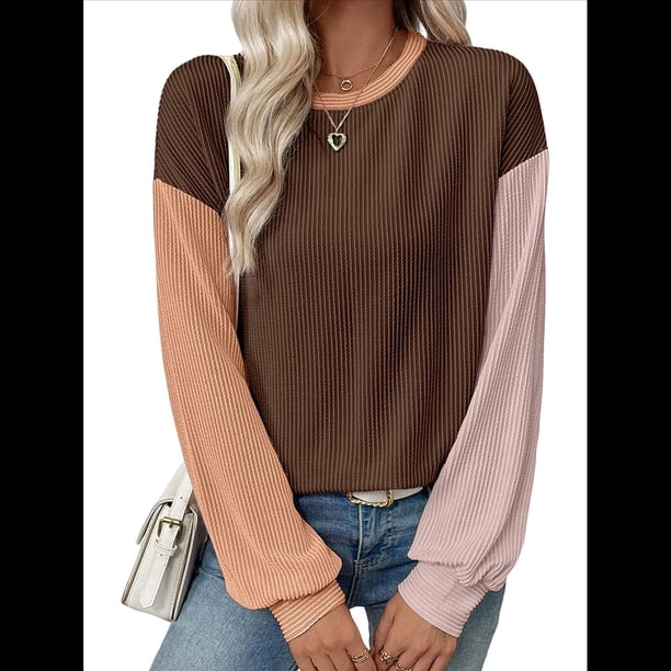 Blusas de Larga para Mujer, Moda de Otoño, Cuello Redondo, Bloque de Color, Punto Acanalado, Informal, Corte Holgado, Tipo Jersey. Café L