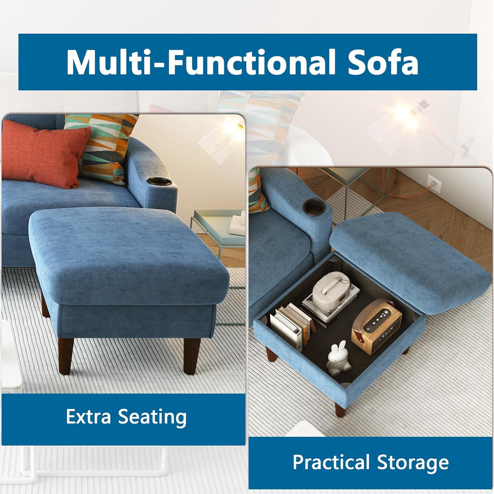 Aukfa L Shaped Sectional Sofa with USB Ports and Cup Holders, 78" 3 Seater Couch with Storage Ottoman, Blue