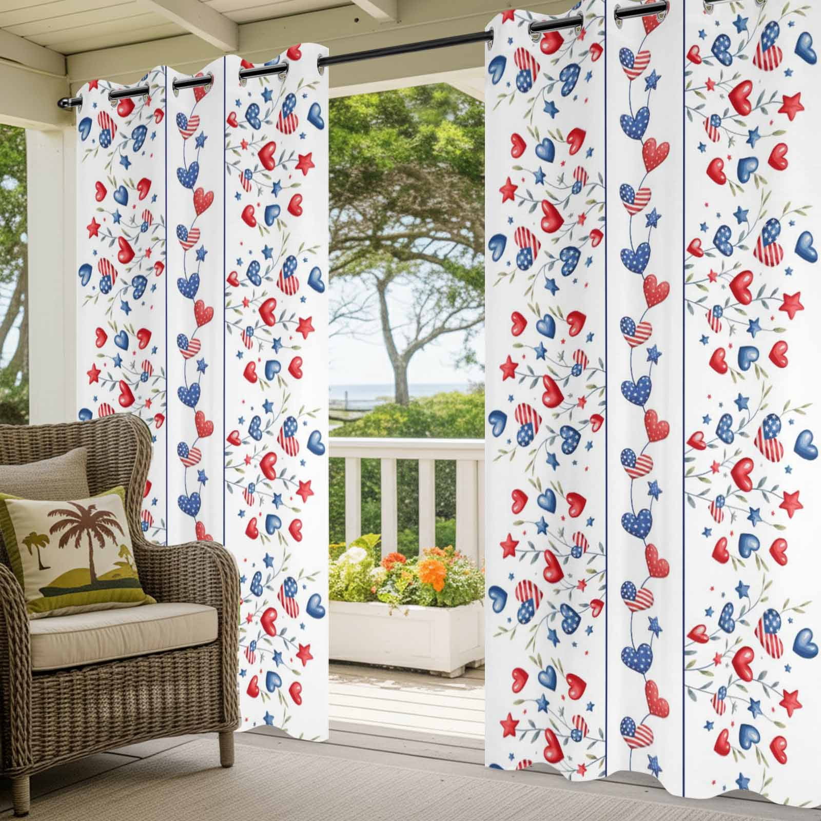 Independence Day Outdoor Curtains for Patio, Red Blue Love Stars Flags Green Leaf Sunshade Privacy Drapes Grommet Waterproof Outside Curtains for Porch/Cabana/Balcony 54"x 108", 1 Panel