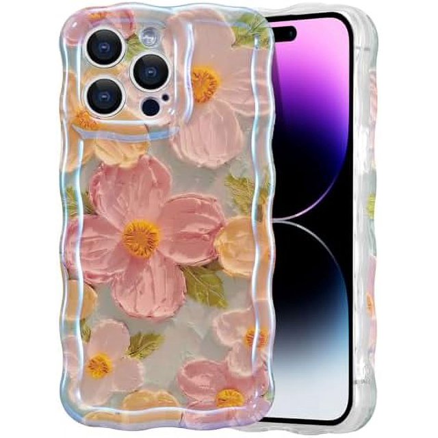 WeiHuan Toys Estuche para iPhone 16 Pro Max, colorido diseño retro de pintura al óleo con estampado de flores y láser brillante, bonito borde ondulado rizado, exquisita funda protectora de TPU durader