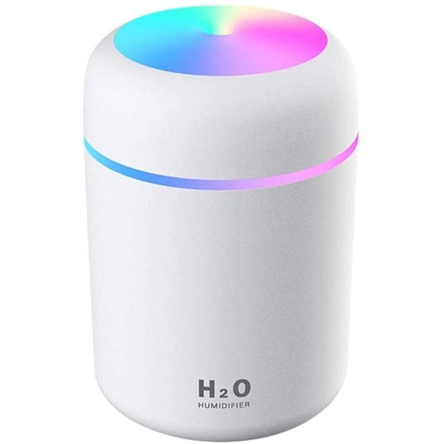 Humidificador, mini humidificador ultrasónico USB con tanque de agua de 300 ml, apagado automático y función de luz nocturna súper silenciosa y colorida para automóvil, oficina, dormitorio