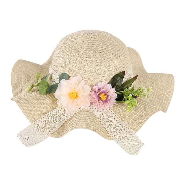 Sombrero de paja de ala ancha para fiesta de té, hecho a mano, para playa, con decoración floral, para verano. Estilo A
