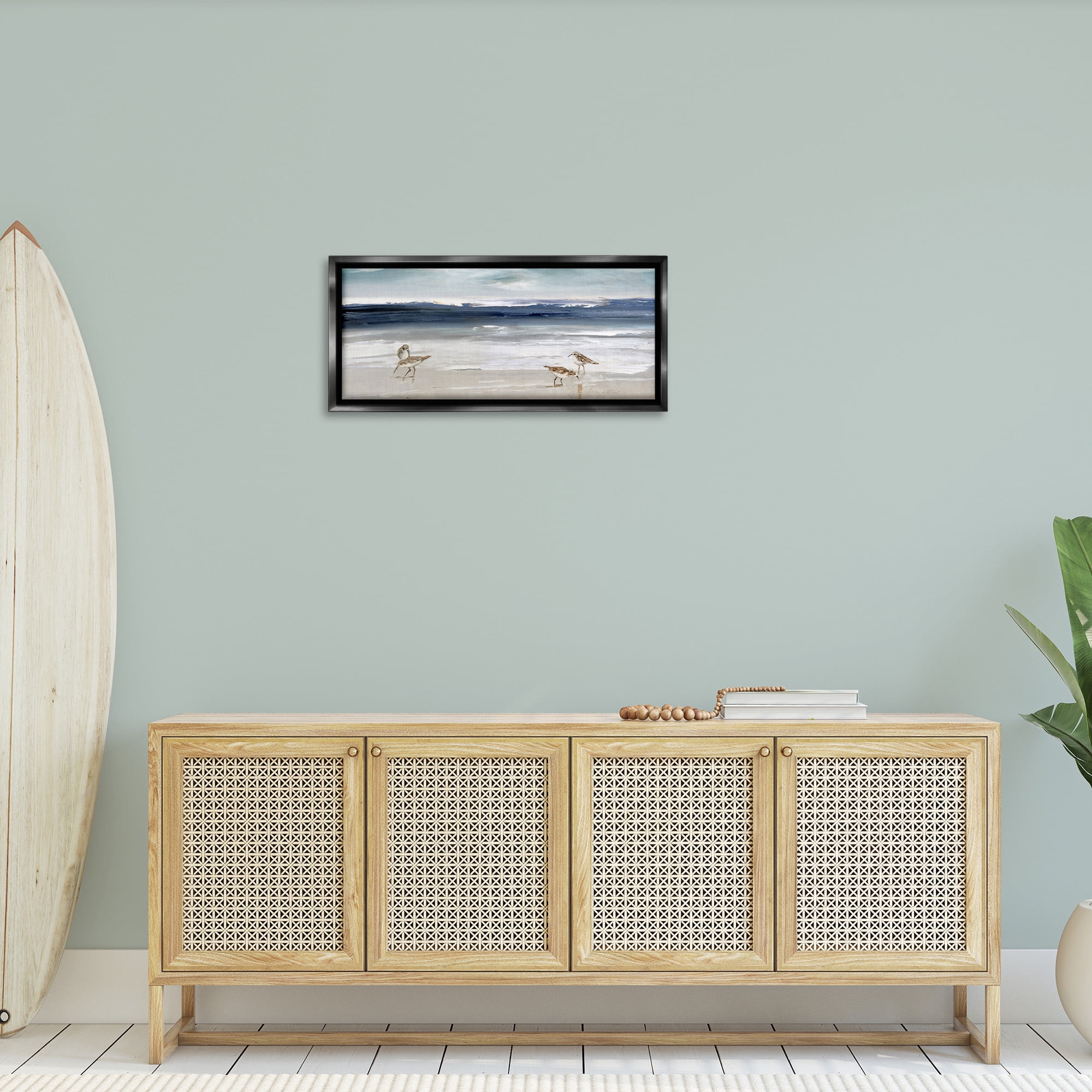 Stupell Industries Sandpipers Grazing Sea Shore Nature Painting Black Floater Framed Canvas Art Print Wall Art, 31 x 14