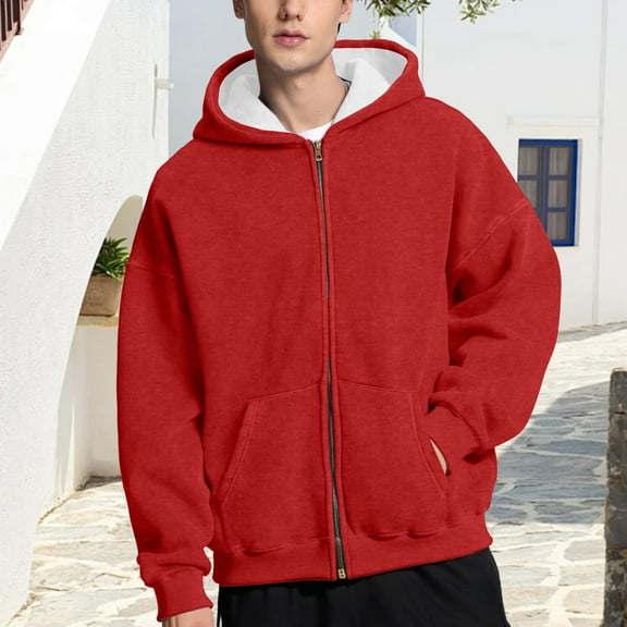 Fabrcox Long Sleeve Zip Up Trendy Hoodies for Men Fleece Lined Thermal Hooded Jacket Casual Comfortable Athletic Workout Hoodie Red 3XL