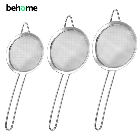 Behome 3 Pack Fine Mesh Strainer with Handle, Stainless Steel Sifters, for Straining, Sifting, Draining Vegetables, Pasta, Tea, Flour, 4.6", 5.3", 6.2"