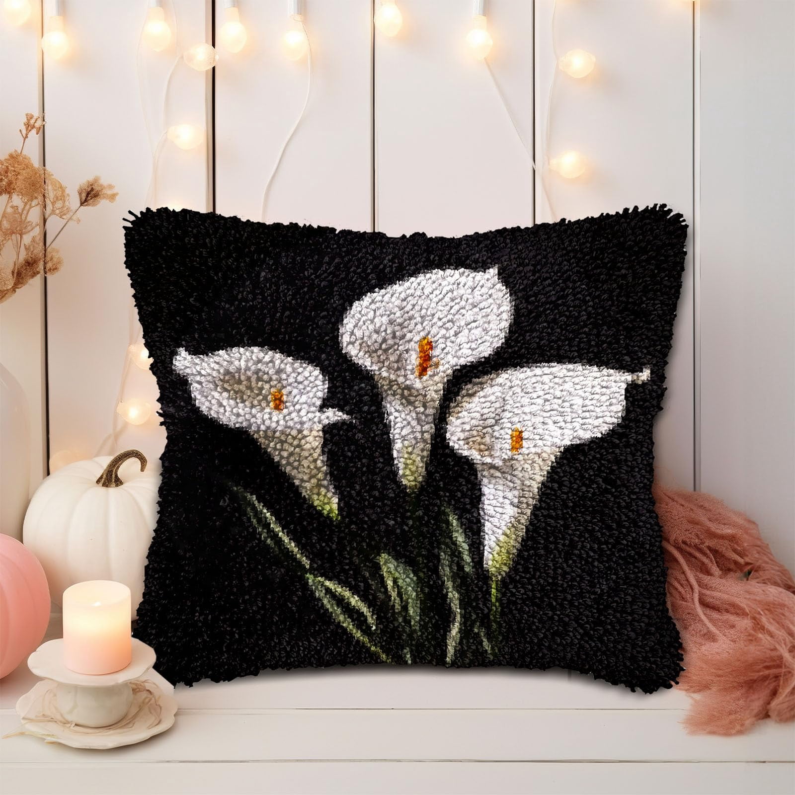 White Calla Lily Flower DIY Latch Hook Pillow Kits for Adults Printed Pillowcase Crochet Yarns Hooking Handmade Pillow Cover Cushion for Home Sofa Decoration 17x17inch
