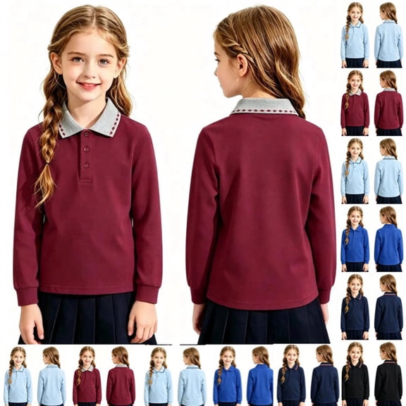 Girls Boys Polo Shirt Long Sleeve Collared School Uniform Quick Dry Polo Shirt,Wine 120