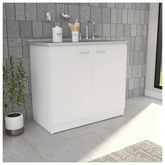 Freestanding Sink, Double Door Cabinet, Two Shelves, White
