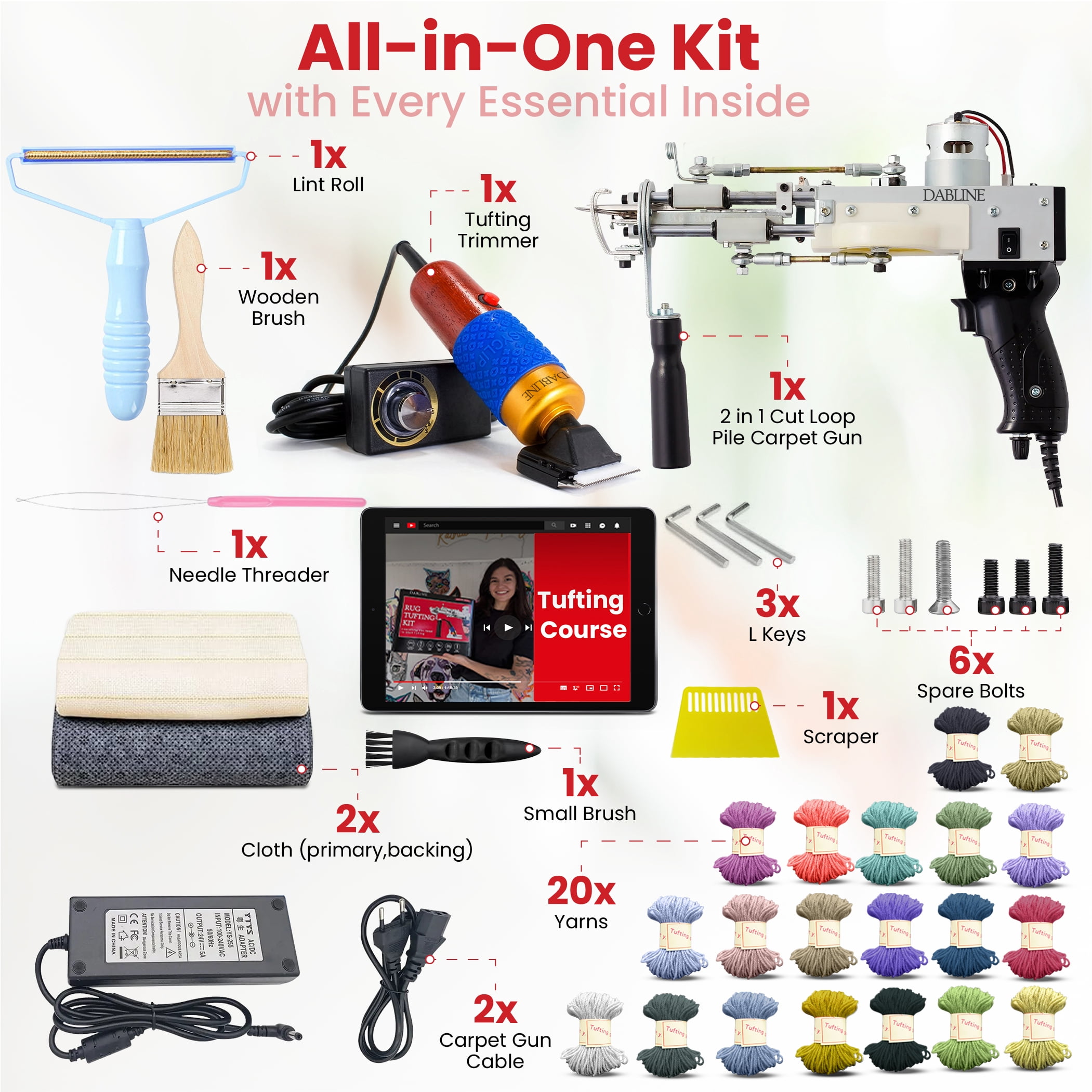 Dabline Rug Tufting Gun Kit – Complete Tufting Supplies Including Backing Cloth, 2 in 1 Cut & Loop Pile Rug Tufting Gun, Carpet Trimmer, Tufting Cloth, 20 Color Yarns, Tools & Accessories