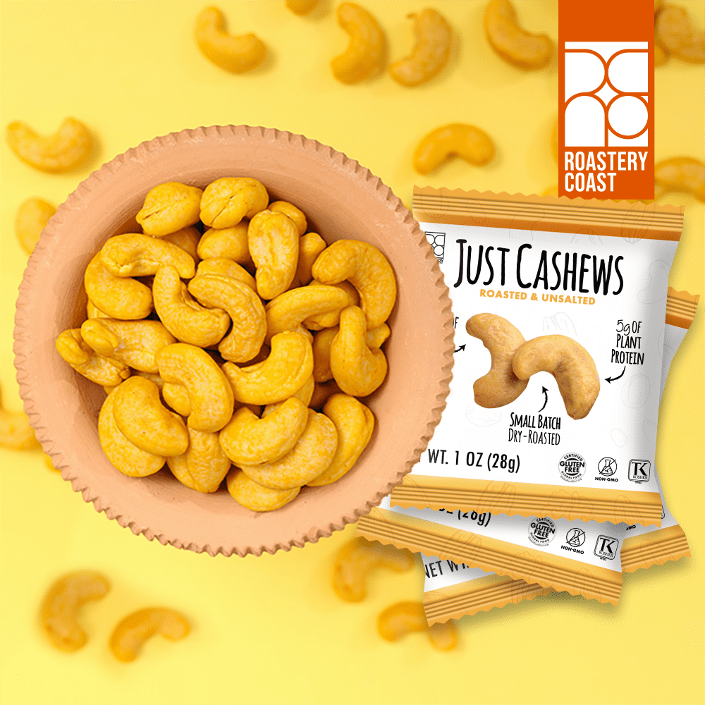 Roastery Coast - Just Cashews Unsalted | 48 Packs | Individually wrapped snack (1 Oz each) | Unsalted Cashews | Non-GMO, Gluten Free, Kosher | Cashew Nuts | Gourmet Snack