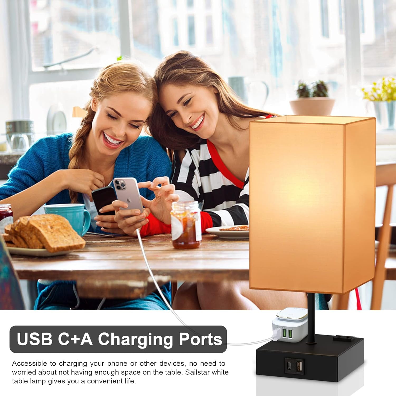 Sailstar Upgraded Bedside Lamp with USB C+A Charging Ports & 2AC Outlets, White Table Lamps for Bedroom, 3 Way Dimmable Touch Lamp, Small Space Nightstand Lamp for End Table, Bulb Included