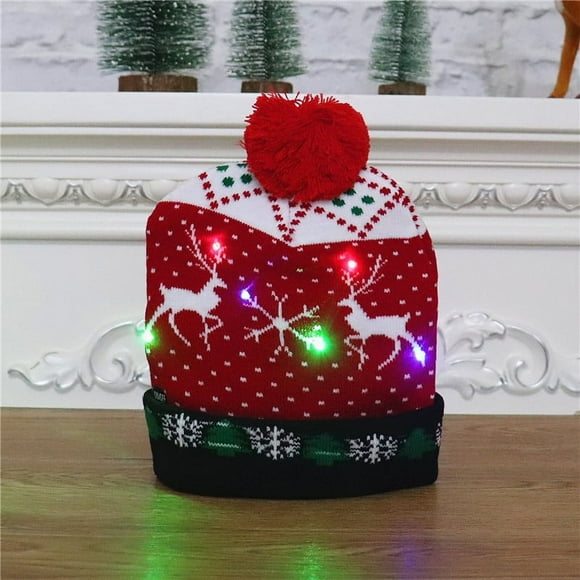 Christmas Hat Knit LED Light Hat For Unisex Winter Pom Pom Hats, Holiday Party Beanie Cap Xmas Gifts MulticolorPlush Santa Hat, Traditional Red and White Plush Christmas Santa Hat for Christmas Party