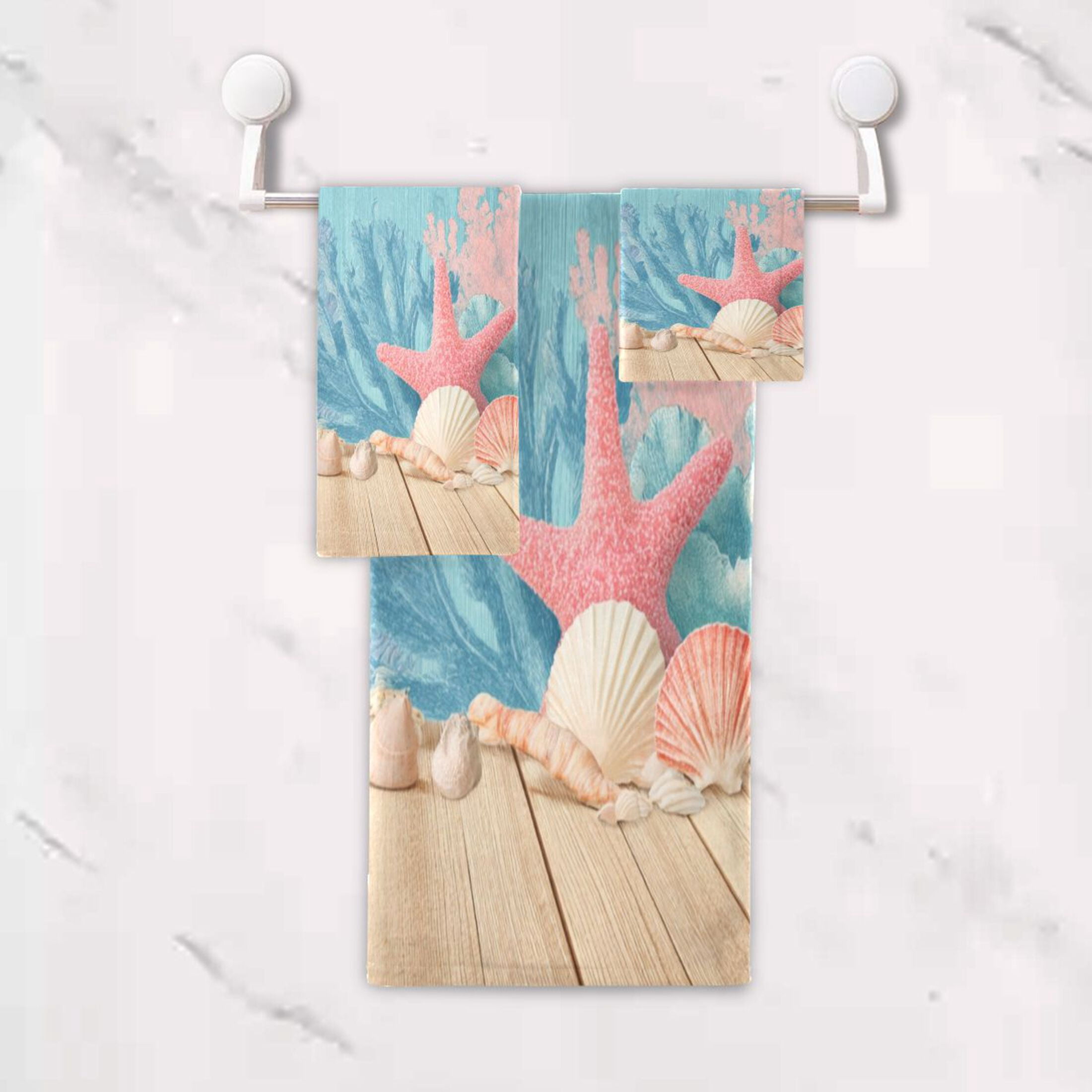 3 Piece Bath Towels Set Bath Towel, Hand Towel and Face Towel for Bathroom, Gym, Hotel Colorful Starfish and Seashells