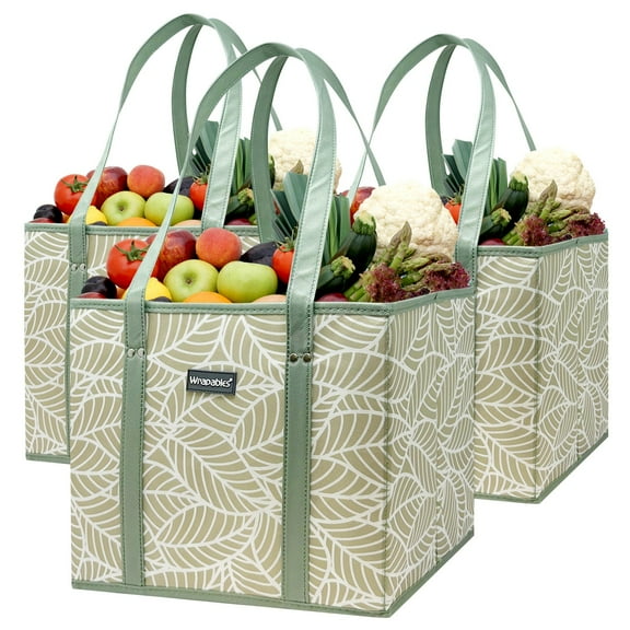 Wrapables 3Pk Reusable Grocery Bags, Heavy Duty Large Foldable Storage Shopping Totes with Reinforced Handles, Leaves