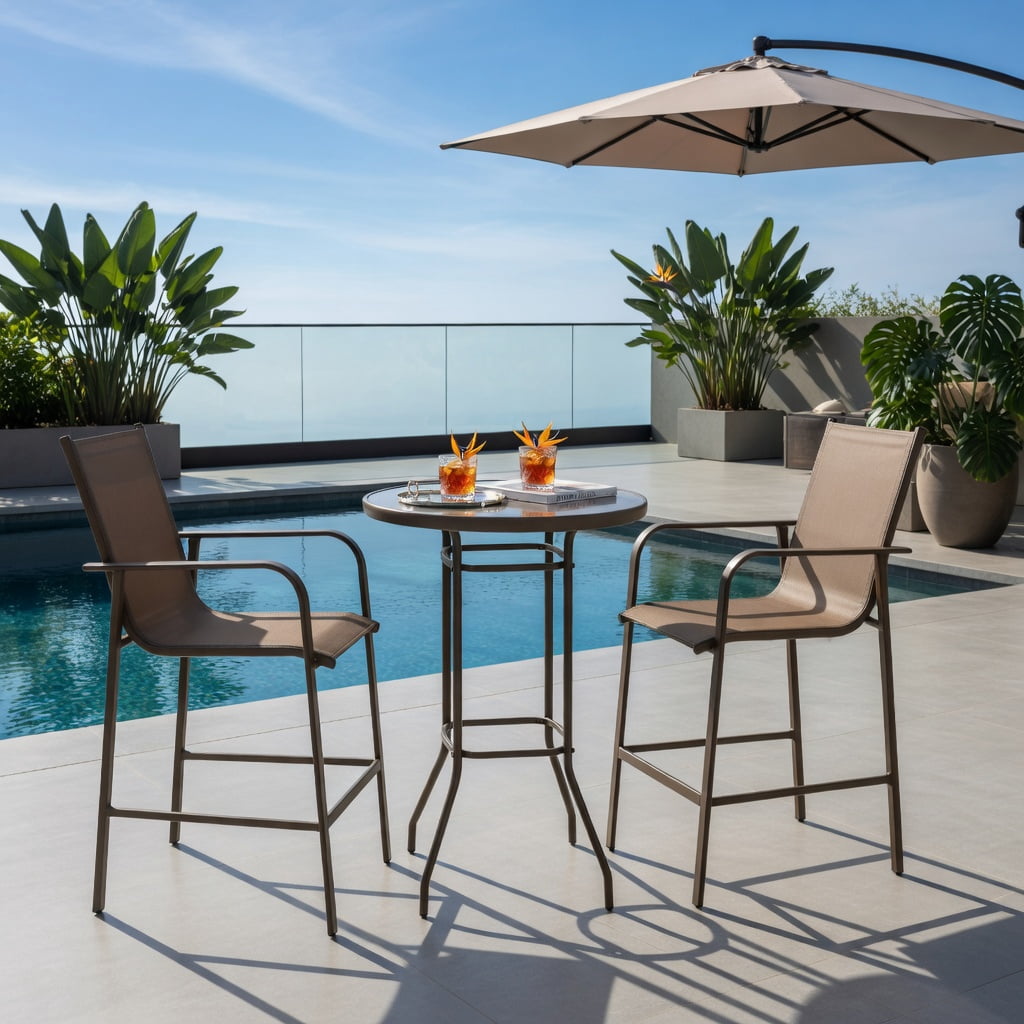 Hommoo 3-Piece Outdoor Patio Bar Set, Steel Frame with Tempered Glass Table and Fabric Upholstered Stools for Backyard, Poolside & Garden, Brown