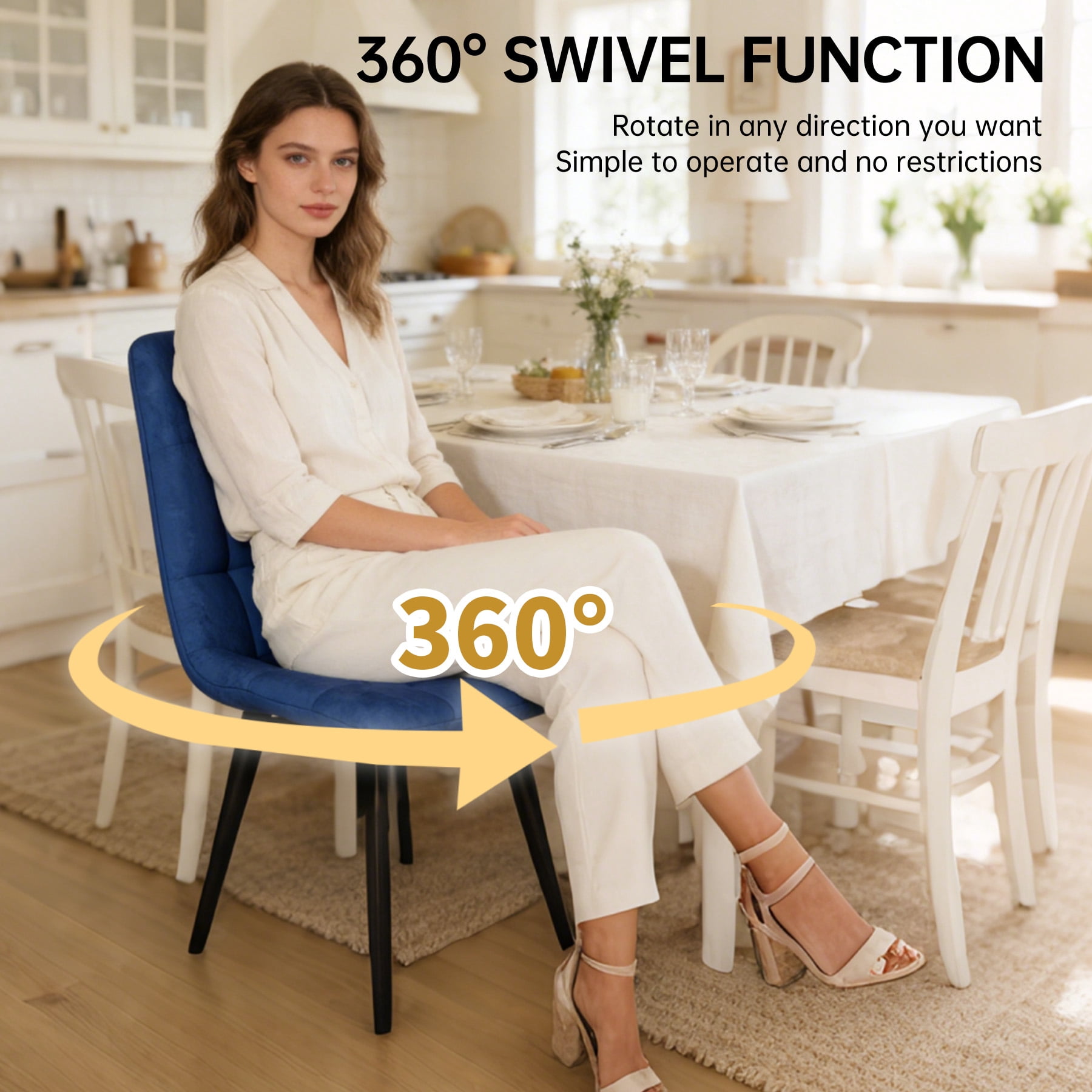 SHGJ&SOFT 360° Swivel Velvet Upholstered Dining Chairs Set of 4, Mid Century Modern Accent Chairs with L-Shaped Backrest, Adjustable Metal Legs for Kitchen Living Room(Blue1, 4pc)