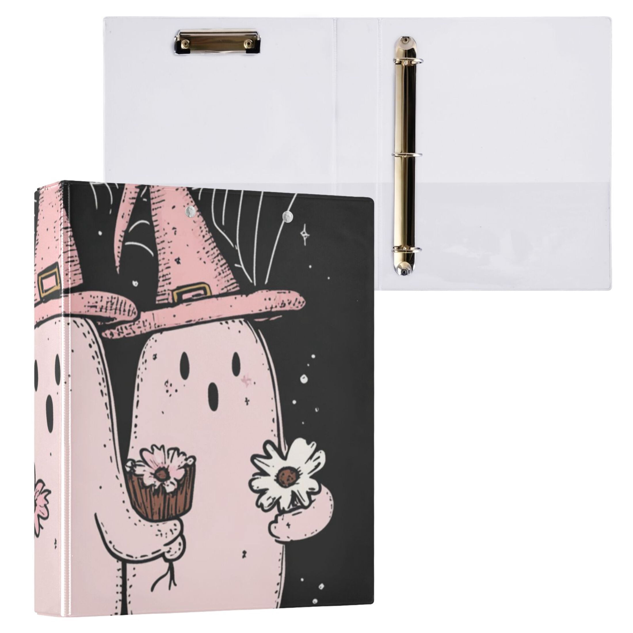 Halloween Pink Ghosts 3 Ring Binders 1.5 inch Hardcover File Folders with Interior Pockets A4 Size Organizer for School Office Hospital