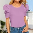 thumbnail image 2 of Delayuji Women's Short Puff Sleeve Women's Round Neck Short Puff Sleeve Blouse Tops Womens Tops Summer Puff Sleeve Tshirts Purple M Nylon,Spandex Short Sleeve Shirts for Women, 2 of 4