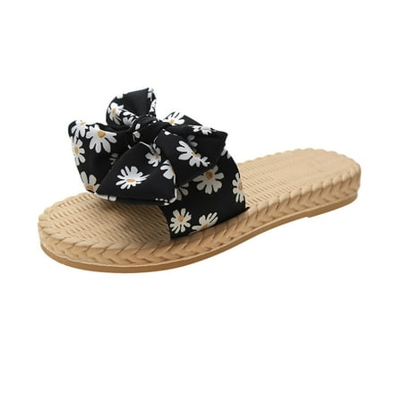 

GNEIKDEING Ladies Shoes Flat Bow Daisy Print Casual Sandals Vacation Slippers Gift on Clearance