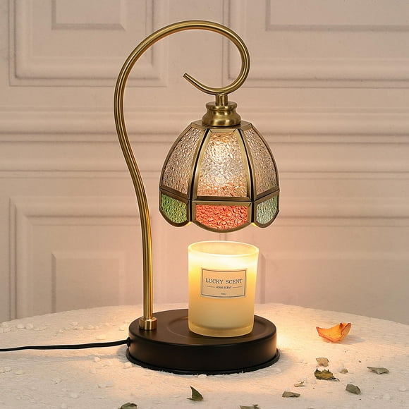 Lewondr Candle Warmer Lamp, Electric Candle Warmer with 2 Bulbs, Dimmable Candle Melting Lamp for Jar Candles, Vintage Scented Wax Melt Warmer with Stained Glass Shade Present for Bedro