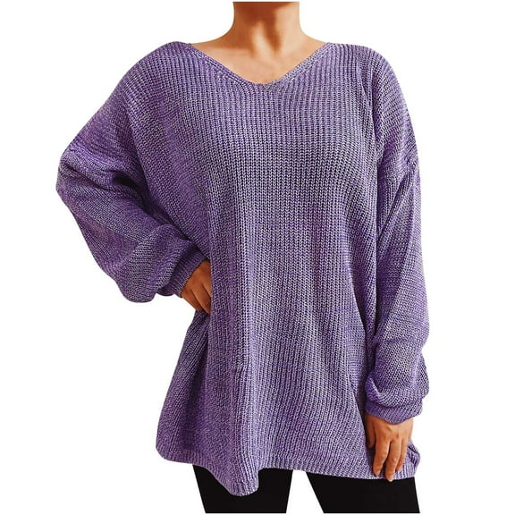 DJskiyers Womens Loose Fitting Pullover Knitted Solid Color V-neck Top