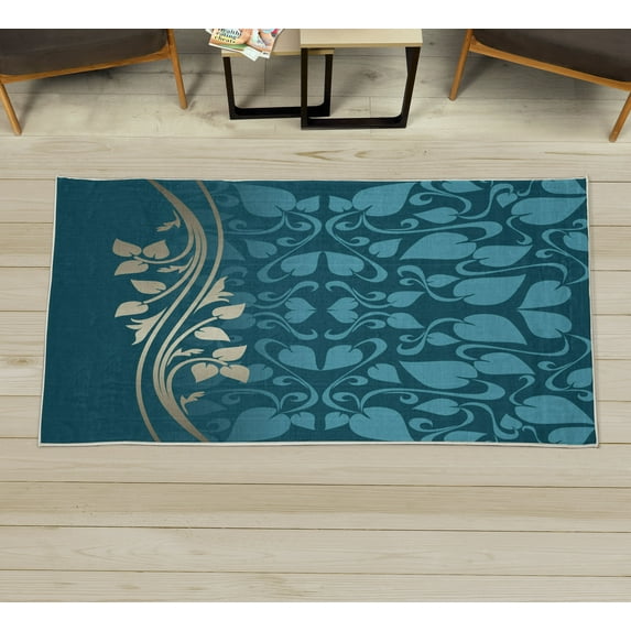 Floral Decorative Rug, Romantic Royal Leaf Pattern Yellow Colored Blossoming Branch Leaves Art, Quality Carpet for Bedroom Dorm and Living Room, 6 Sizes, Dark Teal, by Ambesonne