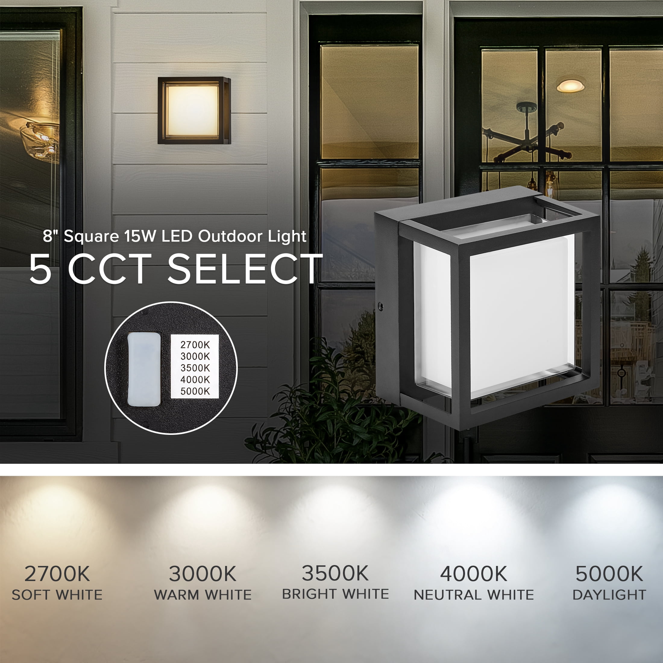 Maxxima Black Outdoor LED Wall Light with Clear Lens, Sconce, Modern Porch Light, 1200 Lumens, 5 CCT 2700K-5000K