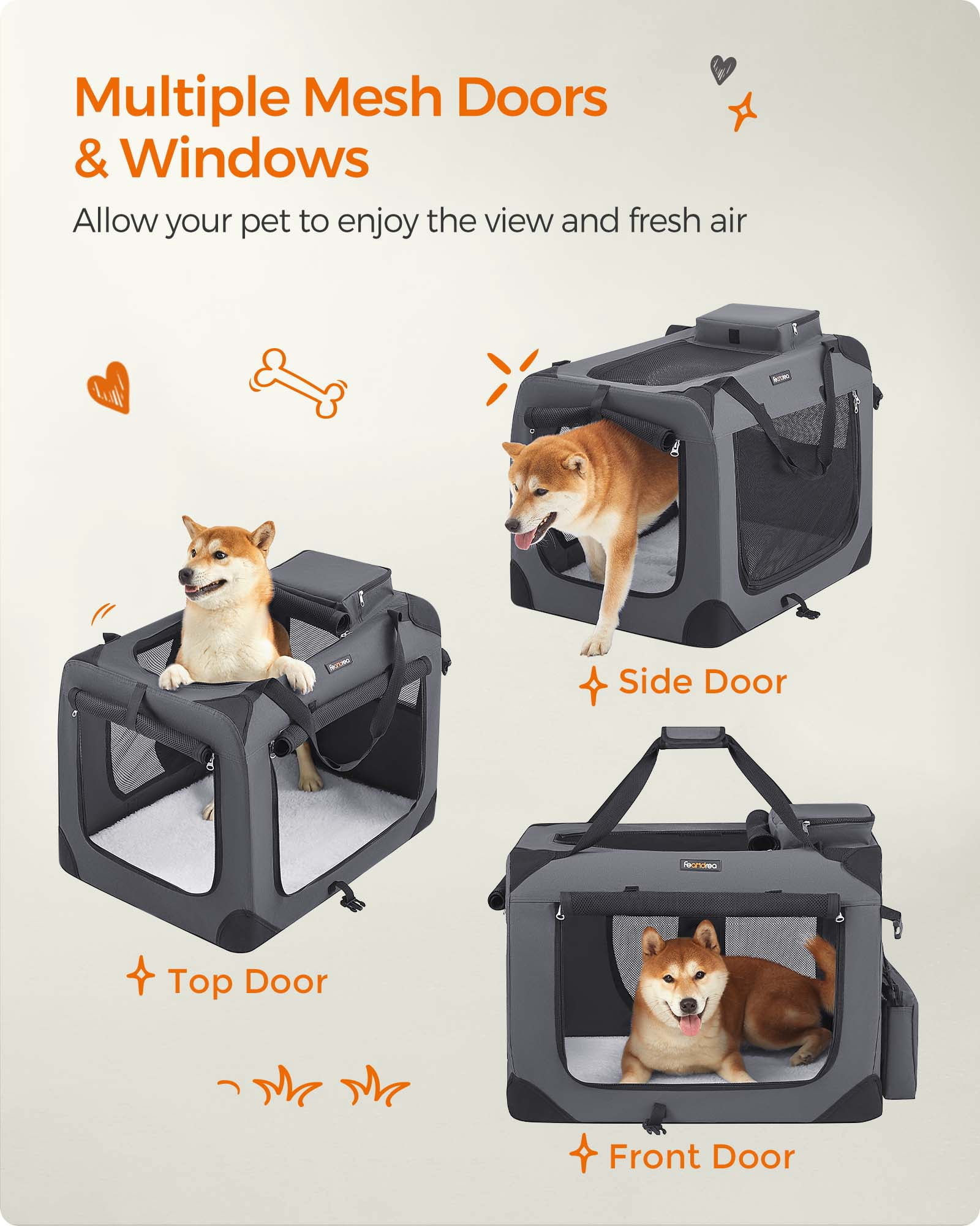 Feandrea Dog Crate, Collapsible Pet Carrier, L, Portable Soft Dog Crate, Oxford Fabric, Mesh, Metal Frame, with Handle, Storage Pockets, Gray