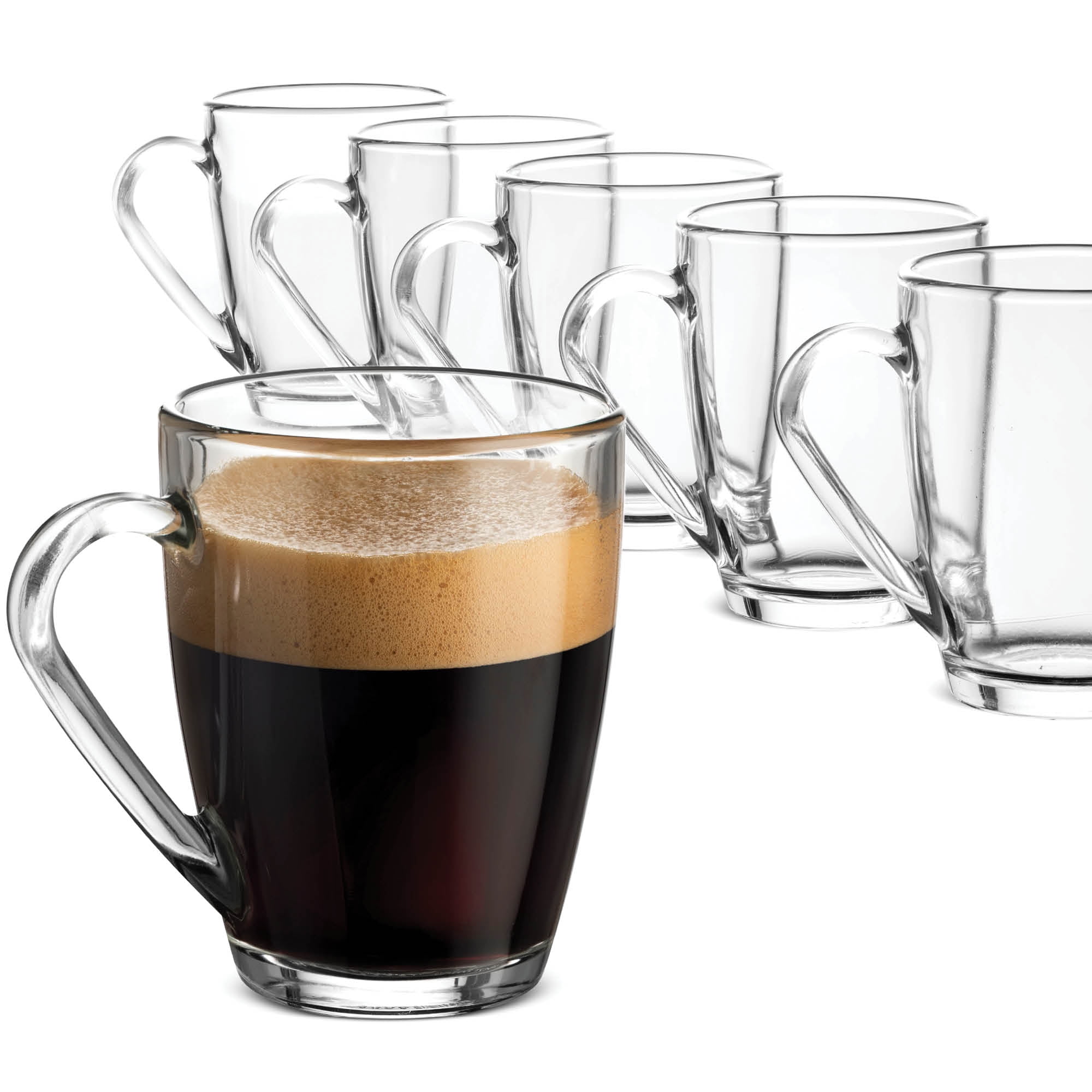 Glass Coffee Mug 10 &frac34; Ounce (6 Pack) with Convenient Handle, Tea Glasses for hot and cold beverages, Thermal Shock Resistant, Tempered Glass, Great for Cappuccino, Latte, Espresso