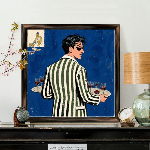 8x8 Inch Square Framed Wood Wall Art, Mid-Century Abstract Man Serving Wine Illustration, Decorative Wood Panel Print for Modern Home Office Decor 1pc