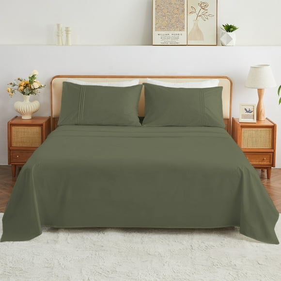 Kingrest 100% Cotton Queen Sheet Set - 4 Piece Lightweight & Cooling Bed Sheets, 16 Inch Deep Pocket, Breathable Percale Bedding, Soft & Durable Luxury Sheets (Oliver Green)