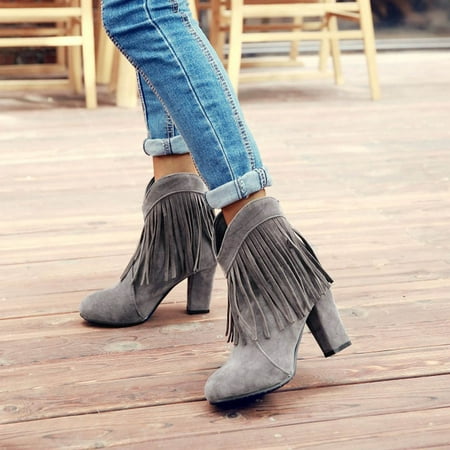 

Women s Fashion Fringe Boots Solid Color Frosted Thick High Heel Ankle Boots
