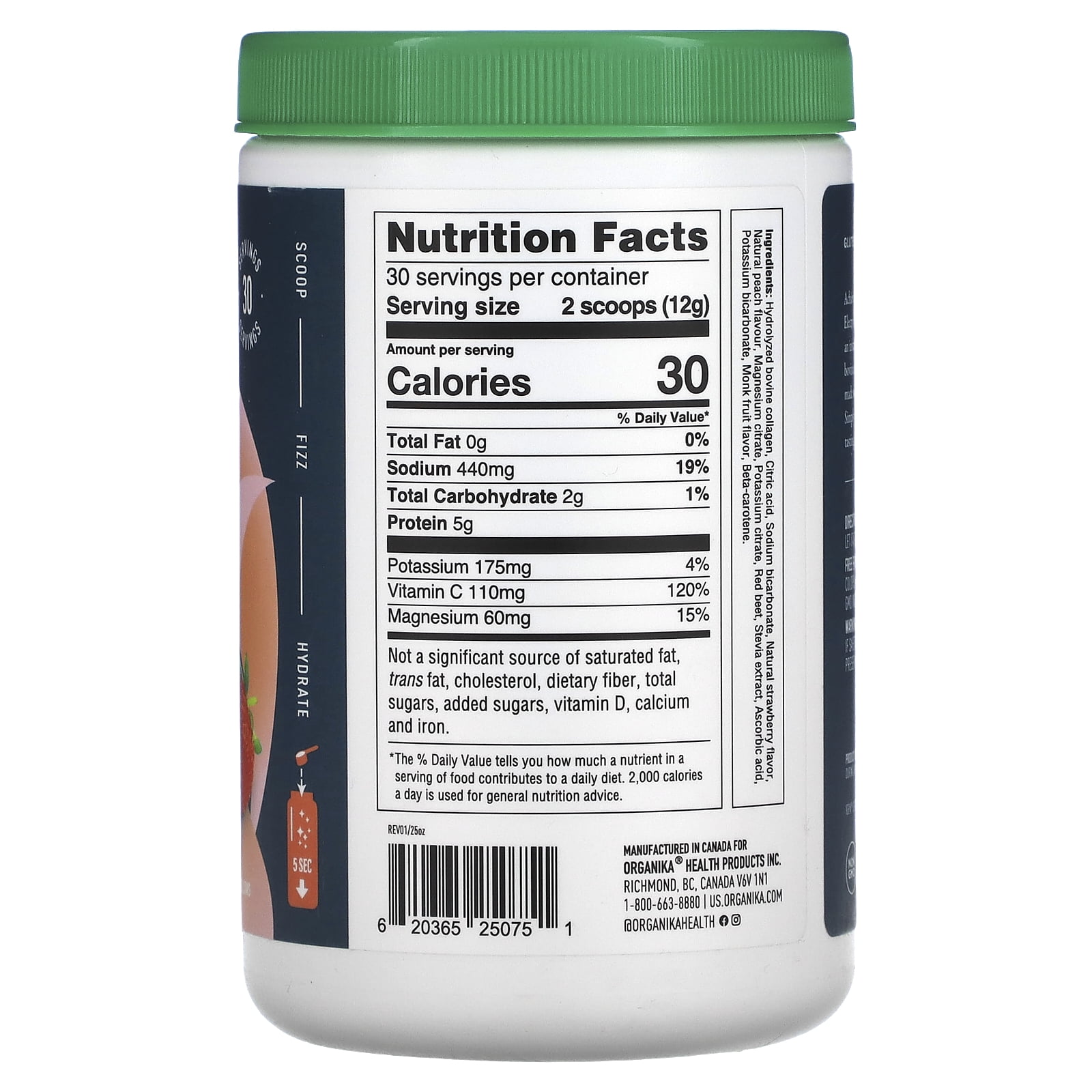 Organika Sports Hydration Drink Mix - 5g Protein, Collagen, Electrolytes, Vitamins, No Sugar - Strawberry Peach - 30 Servings